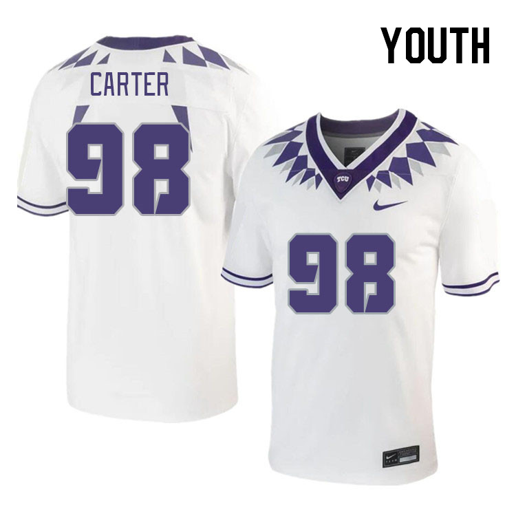 Youth #98 Avion Carter TCU Horned Frogs 2023 College Footbal Jerseys Stitched-White - Click Image to Close